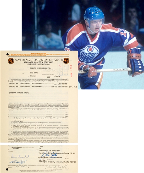 Jari Kurris 1985-87 Edmonton Oilers Official NHL Contract Plus Contract Addendum and 1986 Player’s Option Contract – All Signed By Kurri