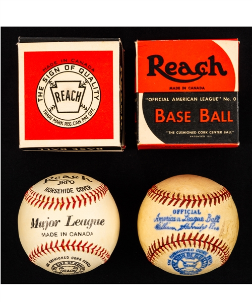 Vintage 1930s/1940s OAL No. 0 William Harridge Reach Baseball in Original Box (Canadian Variation) Plus Vintage Reach "Major League" Baseball in Original Box