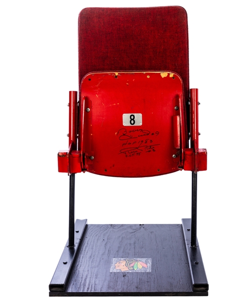 Chicago Stadium Red Cushioned Seat from the Lower Bowl Signed by Bobby Hull and Pierre Pilote