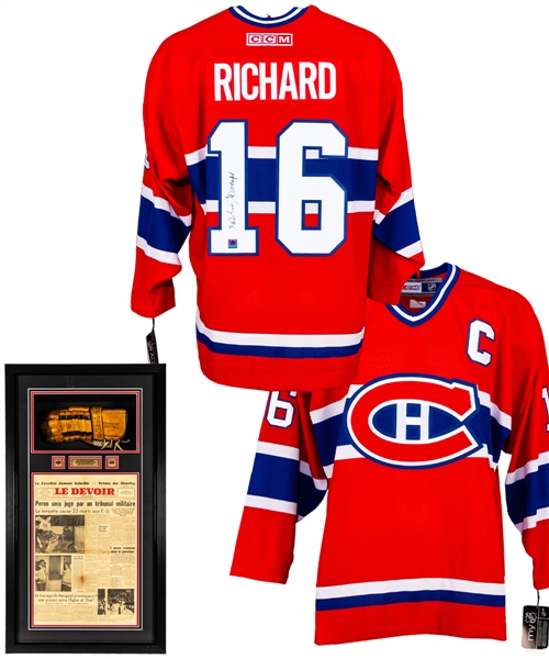 Henri Richard Signed Montreal Canadiens Jersey with COA Plus Signed CCM Hockey Glove "First NHL Goal" Framed Display (24" x 43")