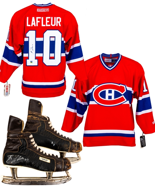 Guy Lafleur Signed Montreal Canadiens Jersey with COA, Signed Hockey Stick, Signed Vintage Skates, Signed Cooper Weeks Helmet and Signed Framed Photos (3)