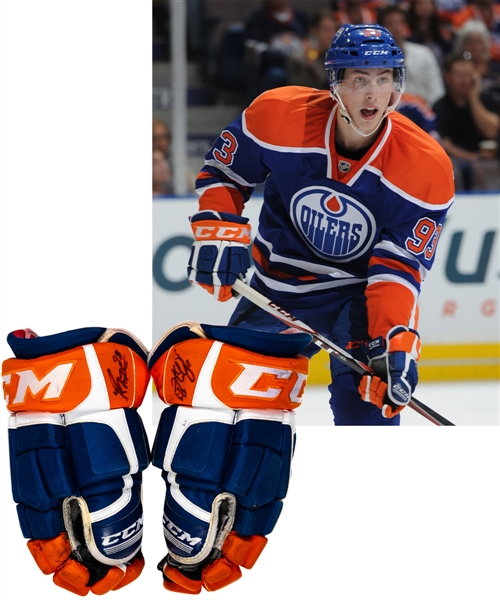 Ryan Nugent-Hopkins 2011-12 Edmonton Oilers Game-Worn Rookie Season CCM Gloves with Team LOA - Worn for His First NHL Game, Goal and Point! - Photo-Matched! 