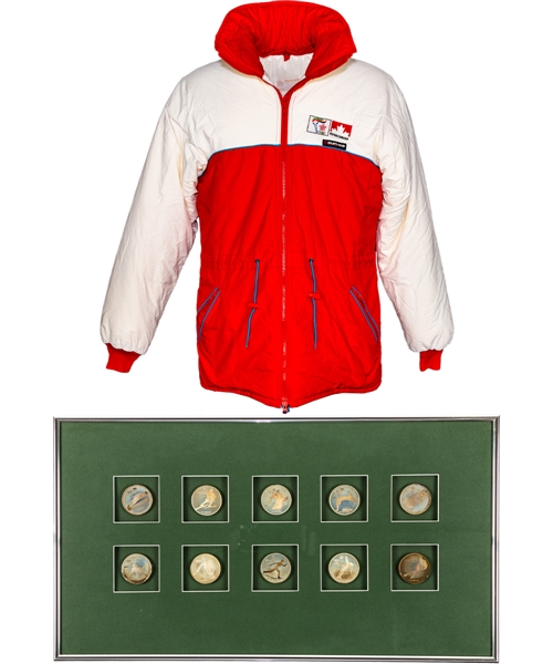 1988 Calgary Winter Olympics Collection Including $20 Silver Coins Framed Set, Winter Jacket and Track Suits (2)