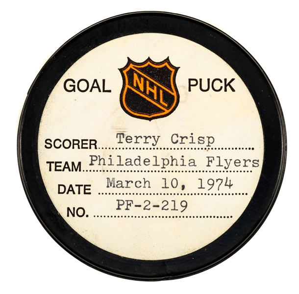 Terry Crisps Philadelphia Flyers March 10th 1974 Goal Puck from the NHL Goal Puck Program - Season Goal #9 of 10 / Career Goal #52 of 67