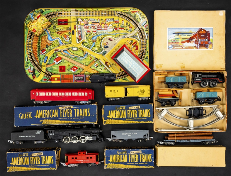 1940s/1950s Toy Train Collection Including 1950s American Flyer Set with #282 Engine, Late-1940s Distler Wind-up Tin Train in Original Box and 1950s Marx Scenic Express Tin Train Set