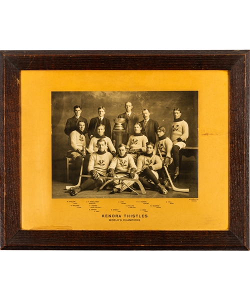 Superb 1907 Kenora Thistles Stanley Cup Champions Framed Team Photo Featuring HOFers Joe Hall, Tommy Phillips, Tom Hooper and Art Ross (18" x 23")