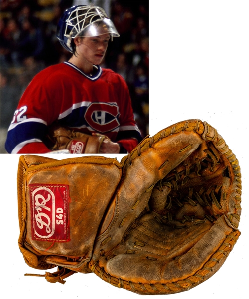 Patrick Roys 1982-84 QMJHL Granby Bisons and 1984-85 Montreal Canadiens Training Camp/Pre-Season "Charlotte I" D&R Signed Game-Used Goalie Glove with Provenance Letter