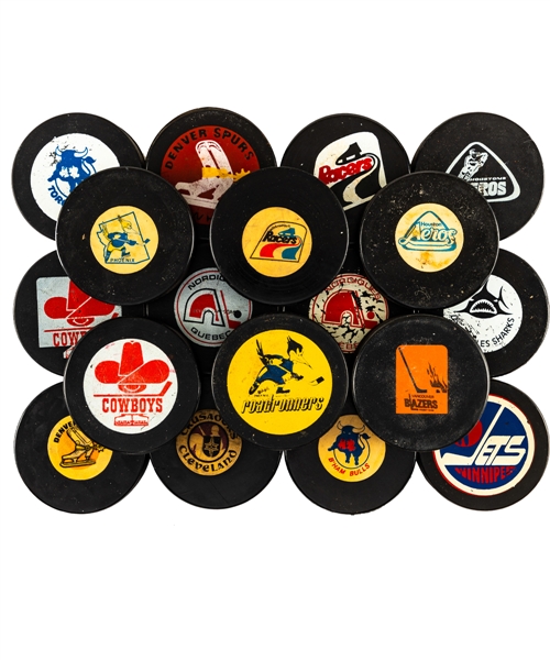 WHA 1975-79 Biltrite, Viceroy, Art Ross, InGlasCo and Other Brands Game Puck and Souvenir Puck Collection of 60