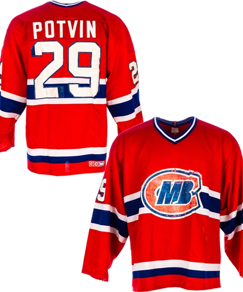 Felix Potvins 1987-88 QMAAA (Midget AAA) Montréal-Bourassa Canadien Game-Worn Jersey from His Personal Collection with His Signed LOA - Team Repairs!