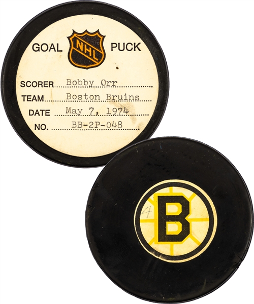Bobby Orr’s Boston Bruins May 7th 1974 Stanley Cup Finals Goal Puck from the NHL Goal Puck Program - Season PO Goal #2 of 4 / Career PO Goal #23 of 26 – Game-Winning Goal 