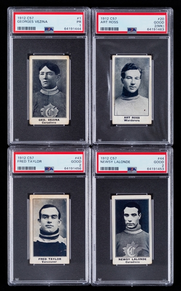 1912-13 Imperial Tobacco C57 Hockey Complete 50-Card Set with 21 PSA-Graded Cards Including HOFers #1 Vezina (PR 1), #20 Ross (GD 2 MK), #43 Taylor (GD 2) and #44 Lalonde (GD 2)