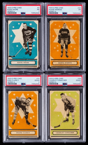 1933-34 O-Pee-Chee V304 Series "A" Hockey Near Complete Set (44/48) with PSA-Graded Cards (8) Inc. HOFers #3 Shore Rookie (PR 1), #23 Morenz (PR 1), #31 Clancy (GD 2) and #34 Conacher Rookie (GD 2)