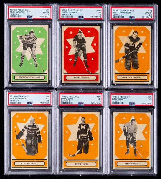 1933-34 O-Pee-Chee V304 Series "B" Hockey Complete 24-Card Set with PSA-Graded Cards (6) Inc. HOFers #50 Aurel Joliat (VG 3), #49 Babe Siebert (VG 3) and #68 Tiny Thompson Rookie (Good+ 2.5)