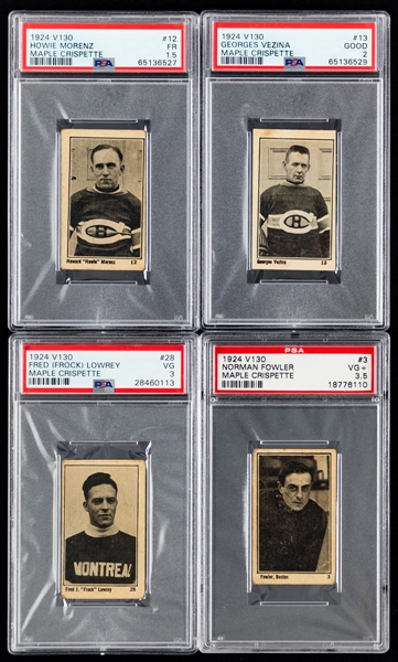 1924-25 Maple Crispette V130 Hockey Near Complete Card Set (26/29) Including PSA-Graded Cards of HOFers #12 Howie Morenz (FR 1.5) and #13 George Vezina (Good 2) Plus Extras (6)