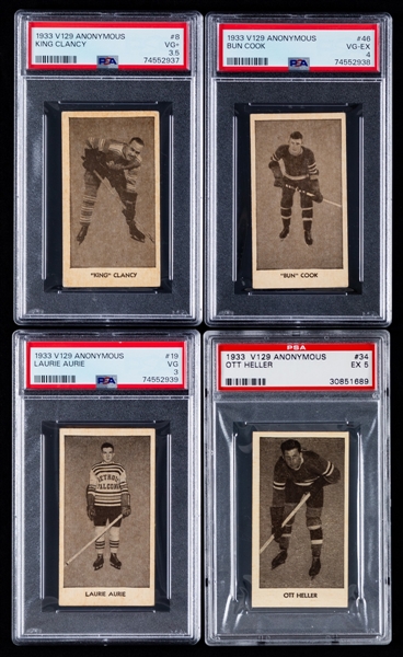 1933-34 Anonymous V129 Hockey Cards (13) with PSA-Graded Cards of HOFers #8 King Clancy (VG+ 3.5), #19 Larry Aurie Rookie (VG 3) and #46 Bun Cook Rookie (VG-EX 4)