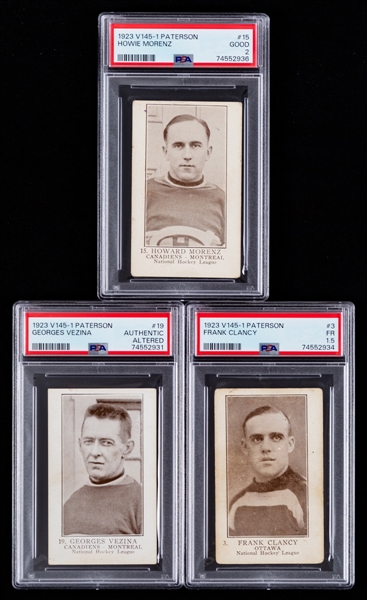 1923-24 William Paterson V145-1 Hockey Near Complete Card Set (39/40) with PSA-Graded Cards of HOFers #15 Howie Morenz Rookie (GD 2), #3 King Clancy Rookie (FR 1.5) and #19 Georges Vezina (Auth. Alt.)