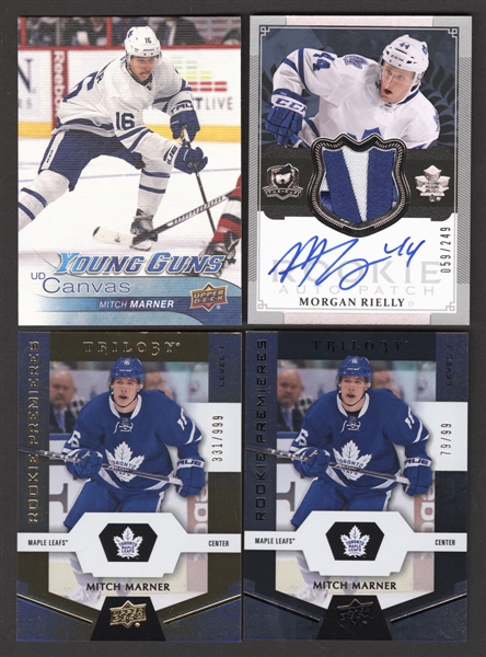 Mitch Marner and Morgan Rielly Hockey Cards (18) Including 2016-17 UD Young Guns Canvas #C91 Mitch Marner and 2013-14 UD The Cup Rookie Auto Patch #121 Morgan Rielly (059/249)