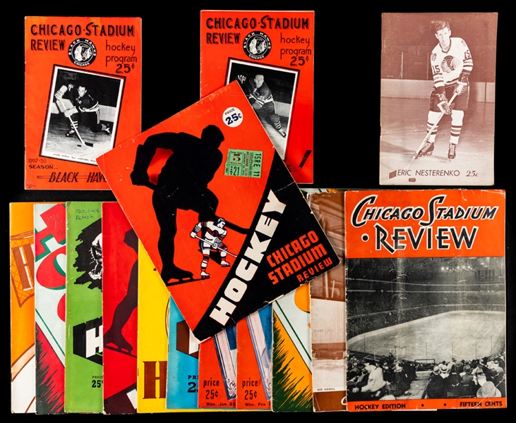 Chicago Stadium 1930s to 1960s Black Hawks Program Collection of 15 Plus 1952 Ticket Stub
