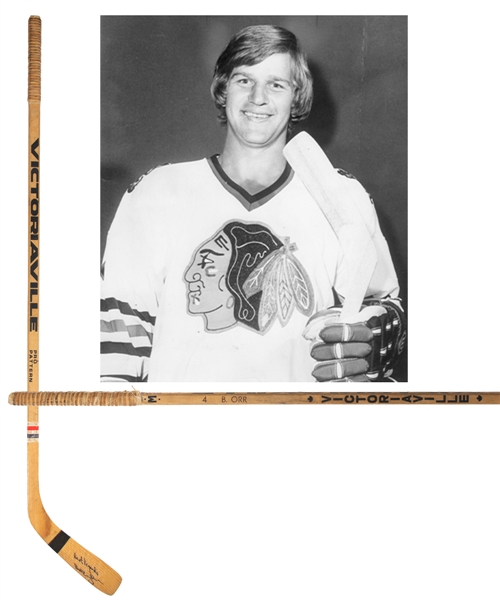 Bobby Orrs 1976-79 Chicago Black Hawks Signed Victoriaville Game-Used Stick 