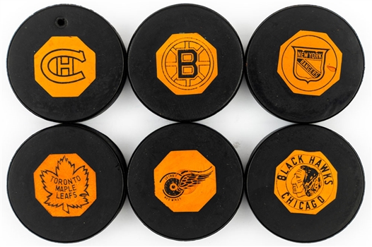 1958-62 "Original Six" Art Ross NHL Game Puck Complete Set of 6 - First Team Logo Pucks!