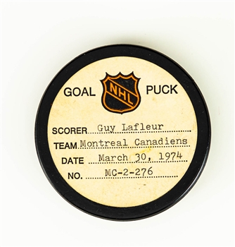 Guy Lafleur’s Montreal Canadiens March 30th 1974 Goal Puck from the NHL Goal Puck Program - 20th Goal of Season / Career Goal #77 of 560