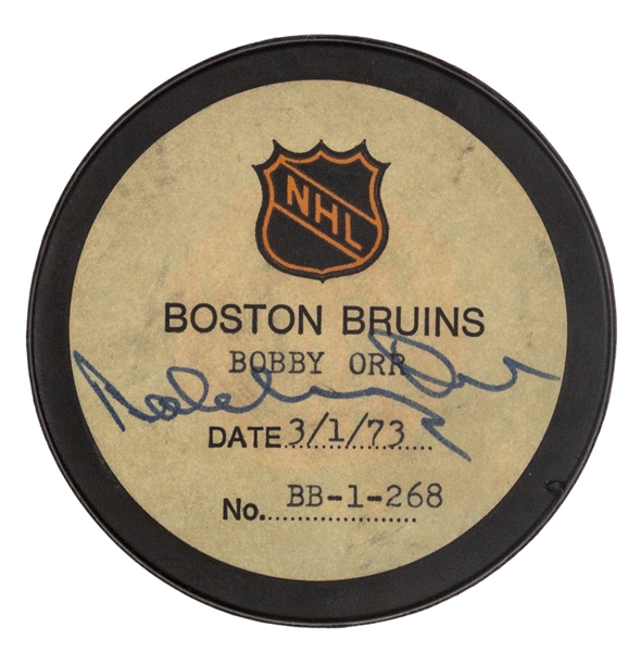 Bobby Orr’s Boston Bruins March 1st 1973 Signed Goal Puck from the NHL Goal Puck Program - 19th Goal of Season / Career Goal #171