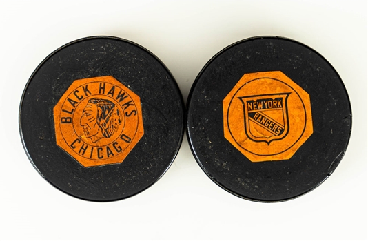 Chicago Black Hawks and New York Rangers 1962-64 "Original Six" Art Ross NHL Game Pucks (2)