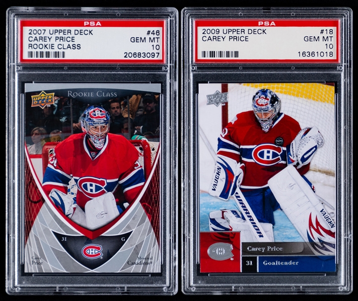 Carey Price 2007-08 to 2012-13 Hockey Cards (5) Inc. 2007-08 UD Rookie Class #46 (PSA GEM MT 10) and 2010-11 Panini Luxury Suite (61/150)