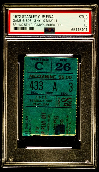 May 11th 1972 Madison Square Garden Ticket Stub - Stanley Cup Finals Game #6 Cup-Clinching Game - Bobby Orr Scored Game-Winning Goal & Conn Smythe Trophy Winner! - Graded PSA 1.5