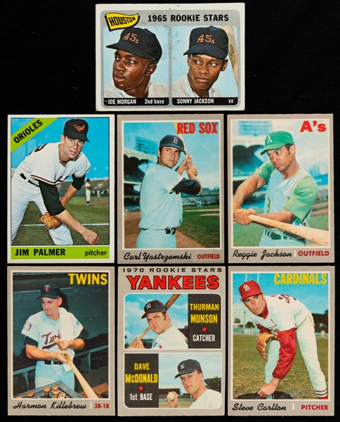 1965 to 1970 Topps and O-Pee-Chee Baseball Cards (7) Including 1965 Topps #16 Astros Rookies Joe Morgan/Sonny Jackson and 1966 Topps #126 Jim Palmer Rookie