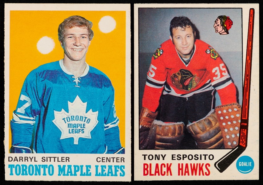 1969-70 O-Pee-Chee Hockey Card #138 HOFer Tony Esposito Rookie and 1970-71 O-Pee-Chee Hockey Card #218 HOFer Darryl Sittler Rookie