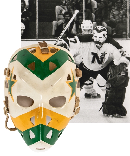 Gilles Meloches Late-1970s/Early-1980s Minnesota North Stars Fiberglass Goalie Mask by Greg Harrison with His Signed LOA - Was Displayed at the HHOF