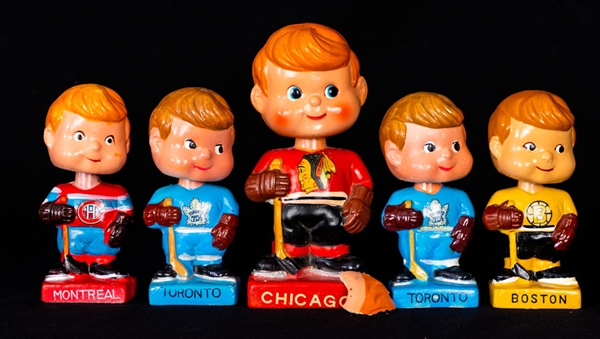 1961-63 Boston Bruins, Montreal Canadiens and Toronto Maple Leafs (2) Mini Nodders / Bobble Heads Dolls Plus 1962-63 Chicago Black Hawks Regular Size Nodder / Bobble Head