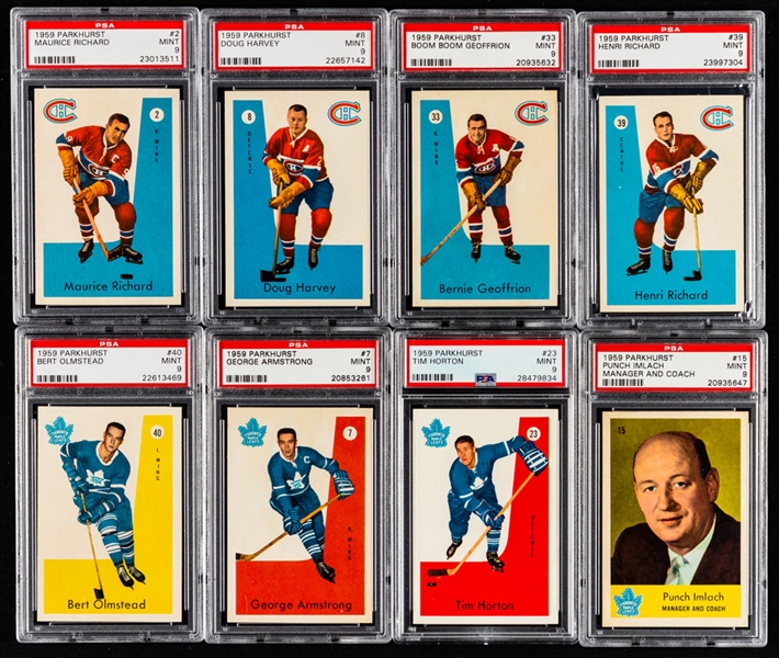 1959-60 Parkhurst Hockey PSA-Graded Complete 50-Card Set - All Cards Graded PSA NM-MT 8 or Better Including 22 Cards Graded MINT 9!