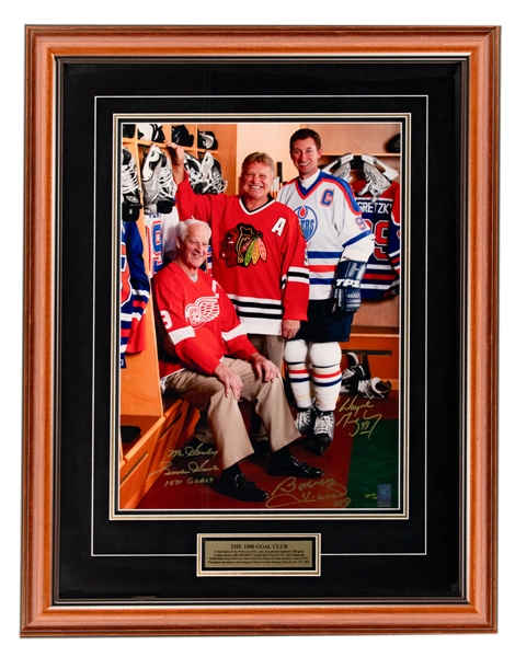 Wayne Gretzky, Gordie Howe and Bobby Hull Triple-Signed "The 1000 Goal Club" Limited-Edition Artist Proof Framed Photo #14/20 with WGA COA from Hulls Personal Collection with Family LOA (26” x 34”) 