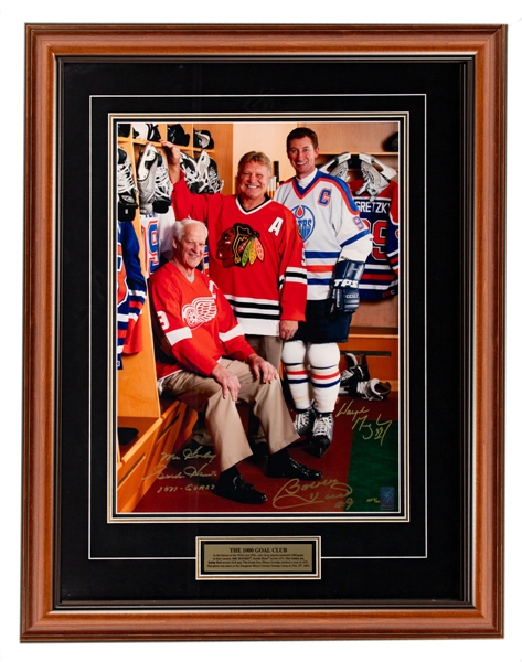 Wayne Gretzky, Gordie Howe and Bobby Hull Triple-Signed "The 1000 Goal Club" Limited-Edition Artist Proof Framed Photo #9/20 with WGA COA from Hulls Personal Collection with Family LOA (26” x 34”) 