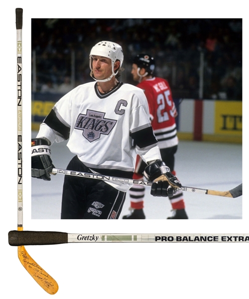Wayne Gretzkys 1990-91 Los Angeles Kings Signed Easton Aluminum Game-Used Stick - Gifted to Kings Trainer Pete Demers on His 1,500th Game!