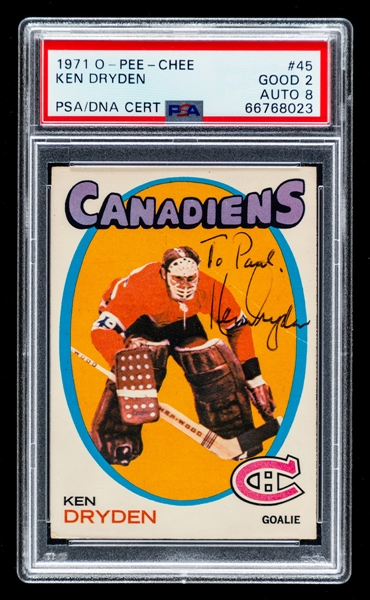 1971-72 O-Pee-Chee Hockey #45 HOFer Ken Dryden Signed Rookie Card - PSA/DNA Certified (PSA 2 Card / PSA 8 Autograph)