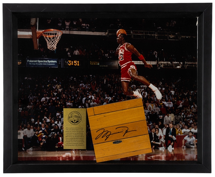 Michael Jordan Signed Floor Piece Framed Chicago Bulls Montage (Signature Authenticated by UDA - JSA Auction LOA) (21 ½” x 17 ½” x 3”)