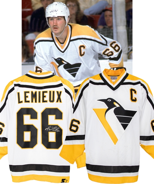 Mario Lemieuxs 1996-97 Pittsburgh Penguins Signed Game-Worn Captains Jersey from Ray Bourques Personal Collection with His Signed LOA - 50-Goal Season! - Art Ross Trophy Season!