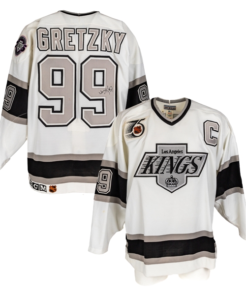 Wayne Gretzky Signed 1991-92 Los Angeles Kings Captains Jersey with Shawn Chaulk LOA – NHL 75th Anniversary and Kings 25th Anniversary Patches!