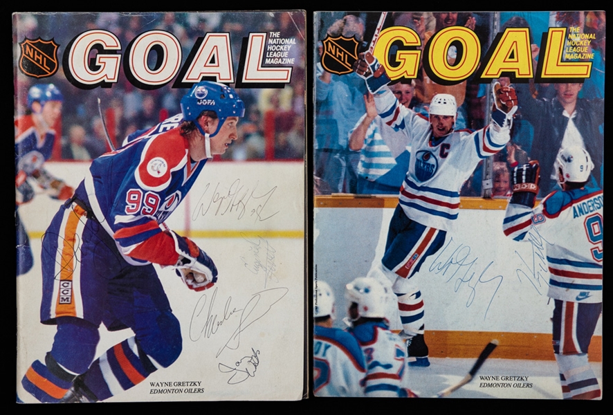 Wayne Gretzky Edmonton Oilers Signed 1980s NHL Goal Magazine/Program Collection of 2 with Shawn Chaulk LOA