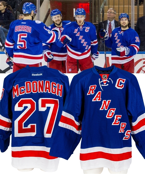 Ryan McDonaghs 2016-17 New York Rangers Game-Worn Captains Playoffs Jersey with LOA - NHL Centennial Patch! - 90th Anniversary Patch! - Team Repairs! - Photo-Matched!
