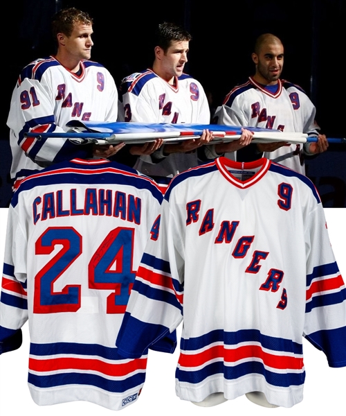 Ryan Callahans 2008-09 New York Rangers “Adam Graves Retirement Night” Warm-Up Worn Jersey Signed by Graves with Case Plus LOA