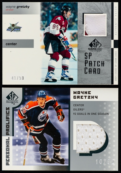 2001-02 Upper Deck Superstars Sweaters/SP Patch Card/Personal Prolifics/NHL Legends Milestones Hockey Cards (4) of HOFer Wayne Gretzky