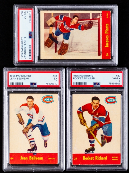 1955-56 Parkhurst Hockey Complete 79-Card Set with PSA-Graded Cards (9) Inc. HOFers #37 Richard (VG-EX 4), #44 Beliveau (EX 5), #50 Plante Rookie (VG-EX 4) and #72 Rocket Roars Through (NM 7)