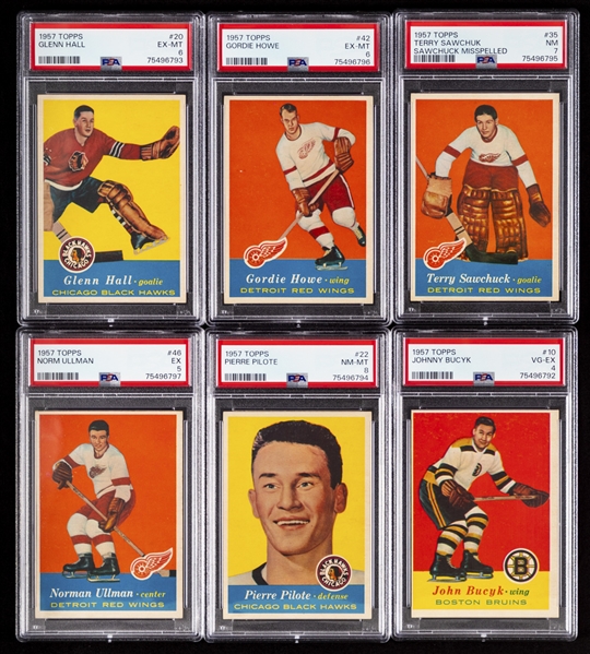 1957-58 Topps Hockey Complete 66-Card Set with PSA-Graded Cards (6) Inc. HOFers #20 Hall Rookie (EX-MT 6), #22 Pilote Rookie (NM-MT 8), #35 Sawchuk (NM 7) and #42 Howe (EX-MT 6) 