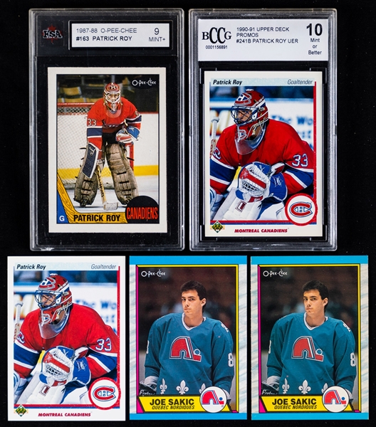 1980s to 2000s Hockey Card Collection (100+) Including 1987-88 O-Pee-Chee #163 Patrick Roy (KSA 9) and 1989-90 O-Pee-Chee #113 Joe Sakic Rookie (2)