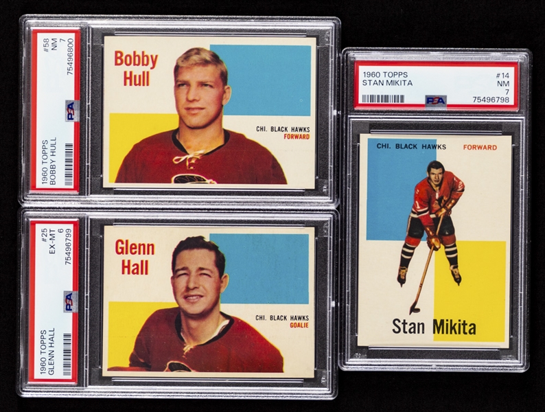 1960-61 Topps Hockey Complete 66-Card Set with PSA-Graded Cards of HOFers #14 Stan Mikita Rookie (NM 7), #25 Glenn Hall (EX-MT 6) and #58 Bobby Hull (NM 7)