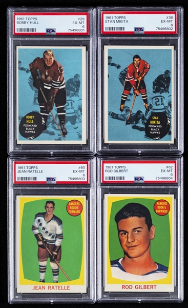 1961-62 Topps Hockey Complete 66-Card Set with PSA-Graded Cards of HOFers #29 Bobby Hull (EX-MT 6), #36 Stan Mikita (EX-MT 6), #60 Jean Ratelle Rookie (EX-MT 6) and #62 Rod Gilbert Rookie (EX-MT 6)